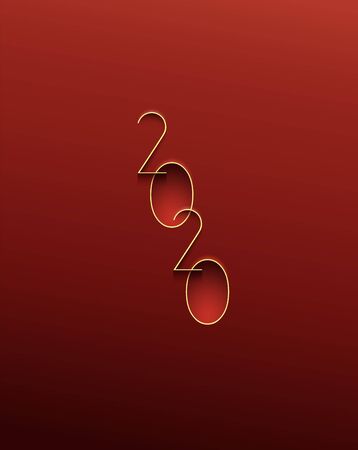 Happy New Year simple illustration greeting card with thin yellow digital numbers for 2020 year on...