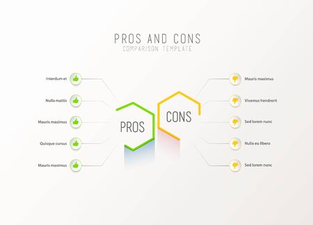 Pros and Cons comparison vector template light vector template with blue and purple hexagons and circles and place for your comparison text.のイラスト素材