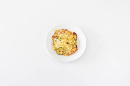 Freshly baked homemade meat sauce pizzaの写真素材