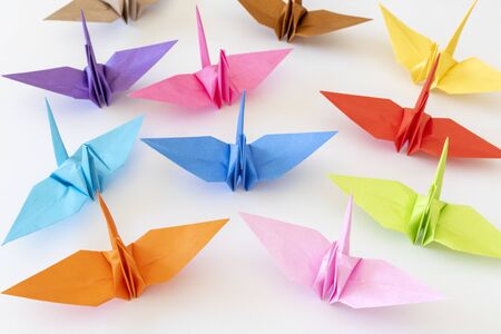 Multiple paper cranes made of origamiの写真素材