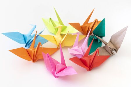 Multiple origami cranes made from origamiの写真素材