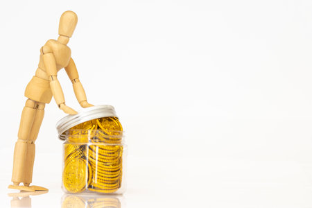 Drawing doll and lots of gold coins, white background, image to save