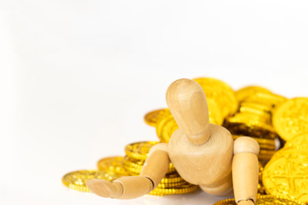 Drawing doll and lots of gold coins, white background, tax payment image
