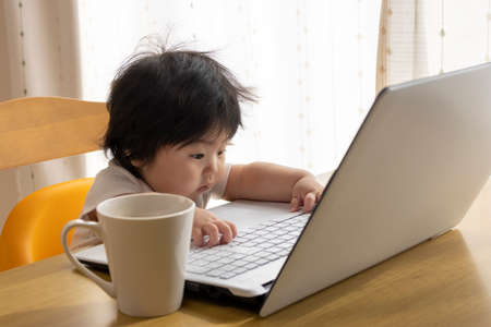 A baby using a laptop. Image of digital native generation (0 years old, 7 months old, girl, Japanese)の写真素材