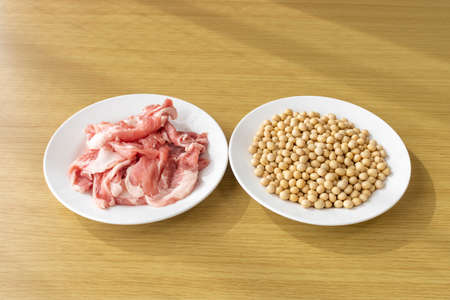 Soybeans and pork. Image of soy meatの写真素材