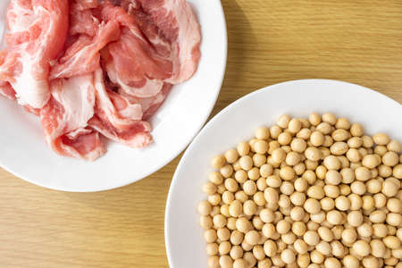 Soybeans and pork. Image of soy meatの写真素材