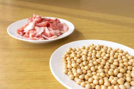 Soybeans and pork. Image of soy meatの写真素材
