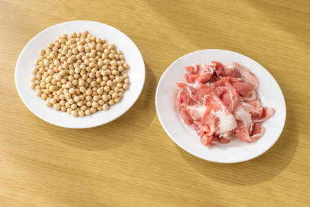 Soybeans and pork. Image of soy meatの写真素材