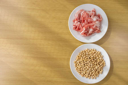 Soybeans and pork. Image of soy meatの写真素材