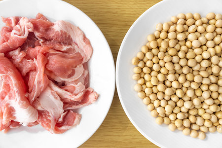 Soybeans and pork. Image of soy meatの写真素材