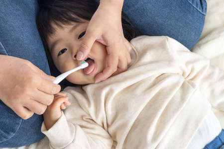 Baby (1 year and 4 months old, girl, Japanese) having her mother brush her teethの写真素材