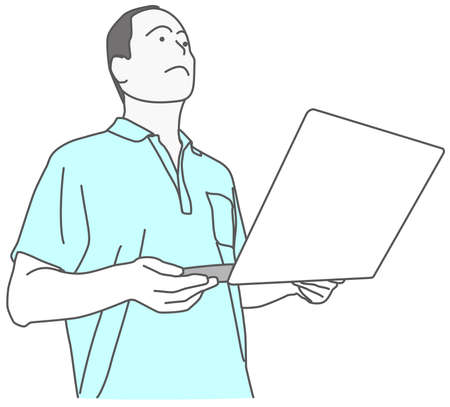 Illustration of a bald man with a laptop looking upのイラスト素材
