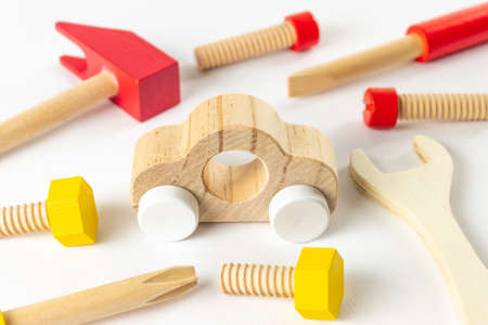 Toy cars and tools. Image of maintenanceの写真素材