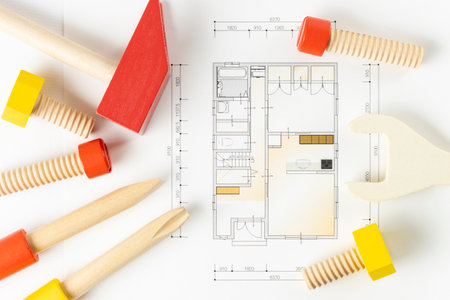 Toy tools and house drawingsの写真素材