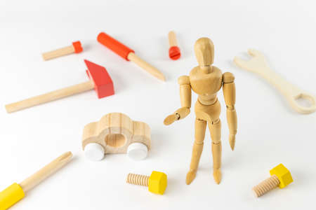 Drawing doll, wooden tool and wooden car