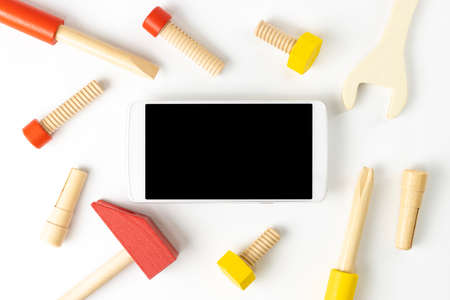 Toy tools and smartphone. Image of repairの写真素材