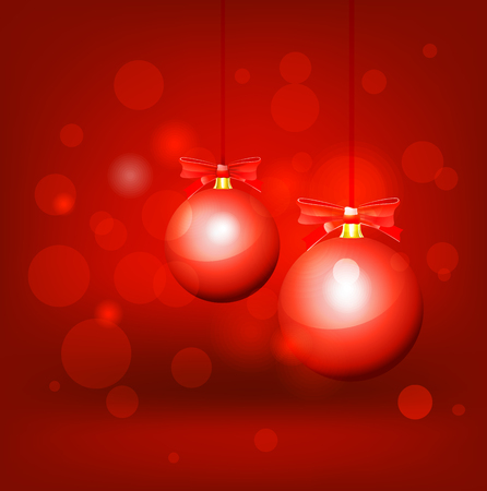 Christmas balls hanging with ribbons on red backgroundのイラスト素材
