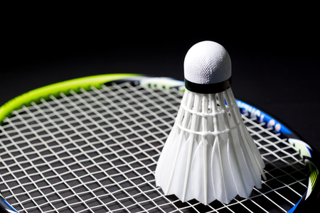Shuttlecock on badminton rackets in the badminton tournament.の写真素材