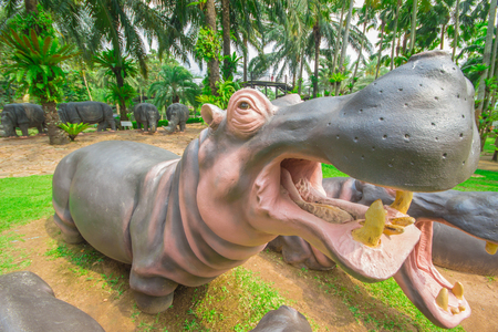 Pattaya, THAILAND, April 2017 : Statue hippopotamus at Nong Nooch Garden Pattaya.のeditorial素材