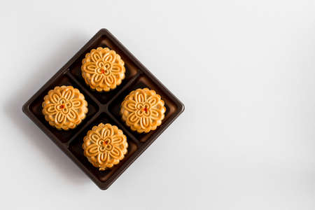 Mooncakes in the Mid autumn Festival. Mid autumn festival mooncake isolated on white background. Moon cake on white backgroundの写真素材
