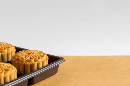 Mooncakes in the Mid autumn Festival. Mid autumn festival mooncake isolated on white background. Moon cake on white backgroundの写真素材