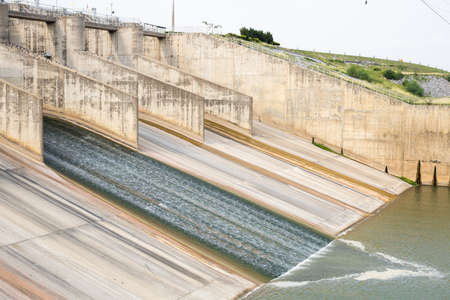 Dam with less water due to drought. Water shortages of water storage dams. Pa sak chonlasit dam at Lopburi in Thailand.の写真素材