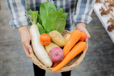 Farmer holding a basket of organic vegetables. Organic vegetables from farms that are ready to be exported from man farmers.の写真素材