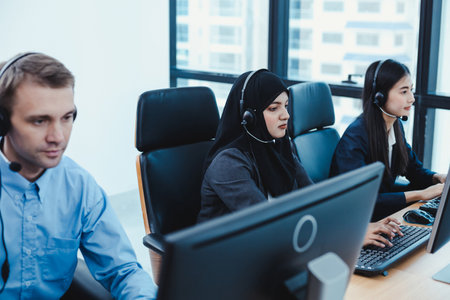 Group of diverse telemarketing customer service staff team in call center. Call center worker...