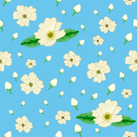 Seamless pattern with white flowers on blue background. Vector illustration.のイラスト素材
