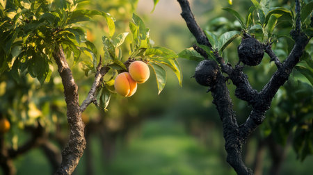 Close up view of a peach tree with healthy, ripe peaches alongside branches affected by a dark, possibly fungal, disease. The contrast between the healthy fruit and the diseased branches is striking. The background is blurred but shows more of the orchard.の素材