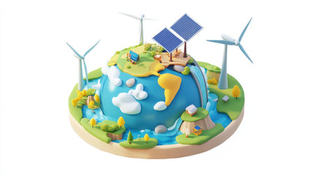 Stylized 3D isometric illustration depicting a miniature Earth with wind turbines, solar panels, and a waterfall, symbolizing sustainable energy and environmental conservation. The scene is vibrant and colorful, featuring autumnal foliage and a simplified landscape.の素材