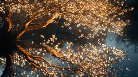 Low angle view of a large tree with glowing golden leaves, dark branches, and a blurred background. The image evokes a magical or mystical atmosphere.の素材