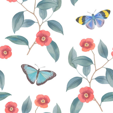 Botanical seamless pattern on a white background. Packing paper for design. Drawn flower with leaves...