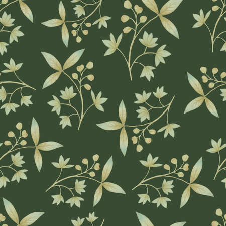 Seamless botanical pattern of watercolor leaves on a green background. Art watercolor for design,...