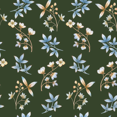 Seamless botanical pattern painted in watercolor on a dark background. Ornament of flowers and leaves for wallpaper and wrapping paper.の写真素材