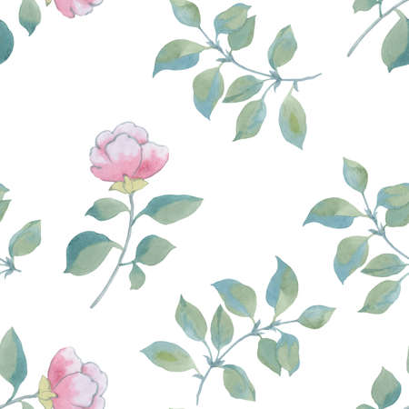 Floral spring seamless pattern, vintage flowers bouquet, twigs and leaves, botanical watercolor illustration.の写真素材