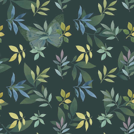 Seamless watercolor pattern. Drawn leaves and butterflies on a green background.