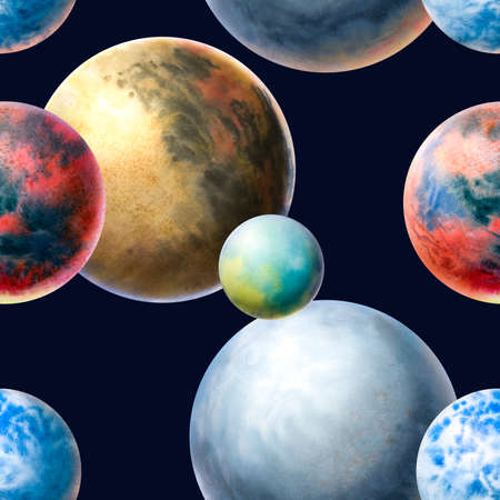 Drawn planets seamless pattern. Planets painted in watercolor. Art of the planet.