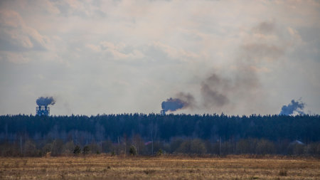 Smoke from the chimney is visible on the horizon. Smoke from factory chimneys over the forest....