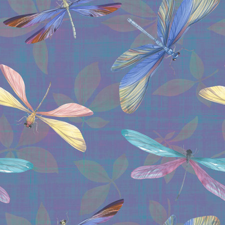 Abstract botanical pattern of leaves and dragonflies. Seamless pattern for fabric, wallpaper, wrapping paper design, scrapbooking. Watercolor dragonflies on a background of abstract leaves.の写真素材