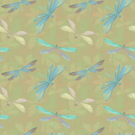 Abstract botanical pattern of leaves and dragonflies. Seamless pattern for fabric, wallpaper, wrapping paper design, scrapbooking. Watercolor dragonflies on a background of abstract leaves.の写真素材