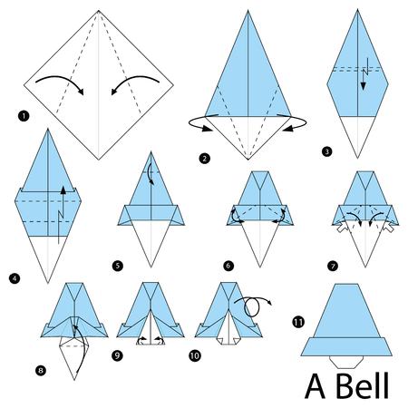 step by step instructions how to make origami A Bell.のイラスト素材