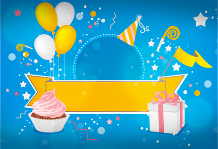 Happy birthday greeting card  with congratulations cake balloons and partyの写真素材