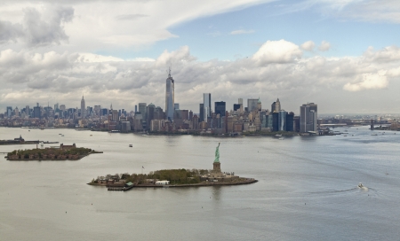 Manhattan bay and Liberty Island from a helicopter, New York, USAのeditorial素材