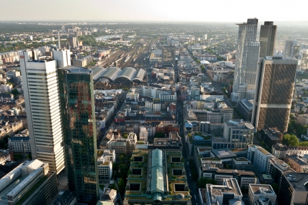 Frankfurt, Germany, May 5, 2013  Aerial view of the City of Frankfurt with central train station, taken from the Eurotower, Germany  It s the financial city of Germany  Taken on 5th may 2013 のeditorial素材