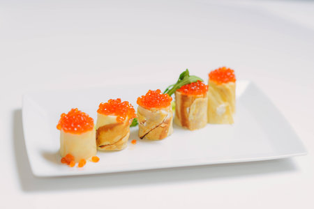 Crepes with salmon caviar and cheeseの写真素材