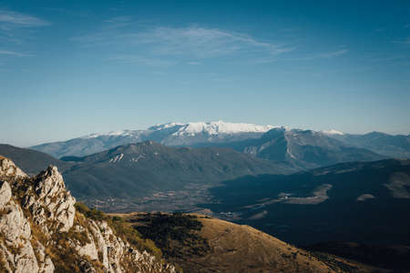 Italian mountains - panoramic view of Apennines, located in Abruzzo. View from the Castle of Rocca Calascio in the municipality of Calascio, in the Province of L'Aquila, Abruzzo, Italyの写真素材