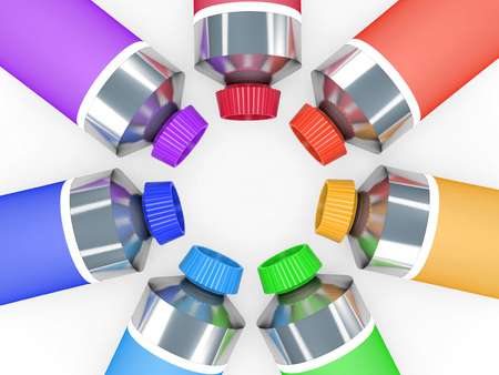 Colourful tubes of a paint isolated on whiteの写真素材