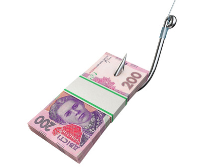 Stack of money on the fishing hook isolated on whiteの写真素材
