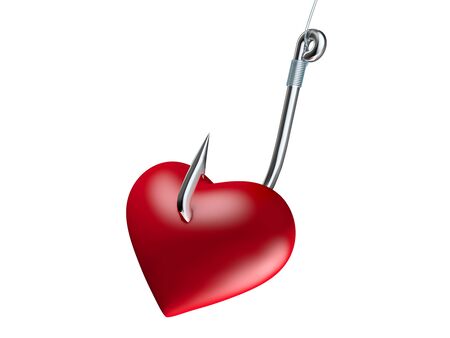 Red heart on the fishing hook isolated on whiteの写真素材